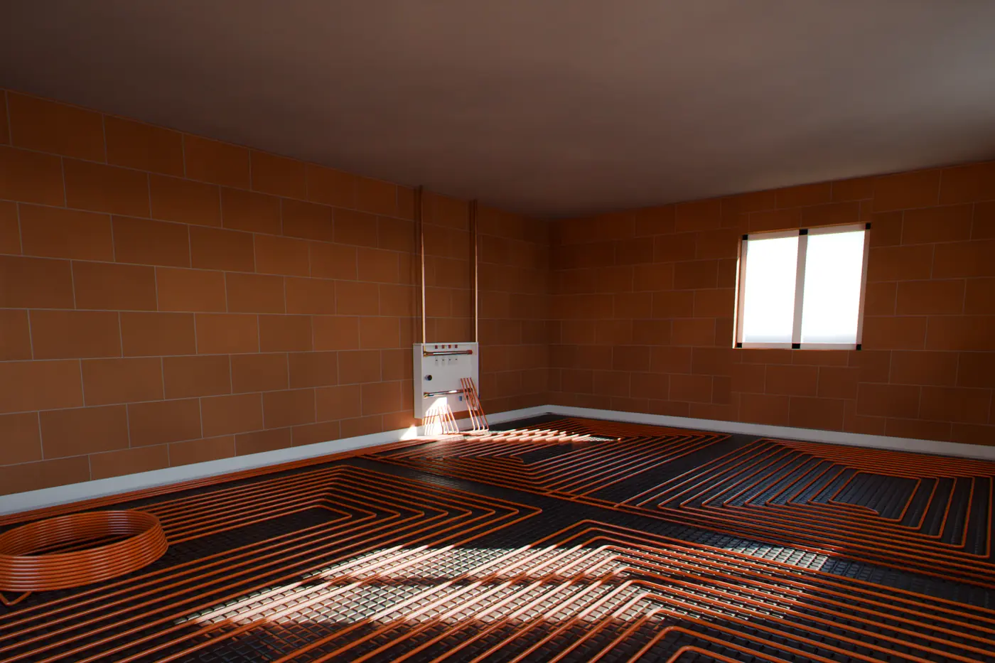 Illustration : plancher chauffant en cours de pose dans une maison neuve, avec son collecteur