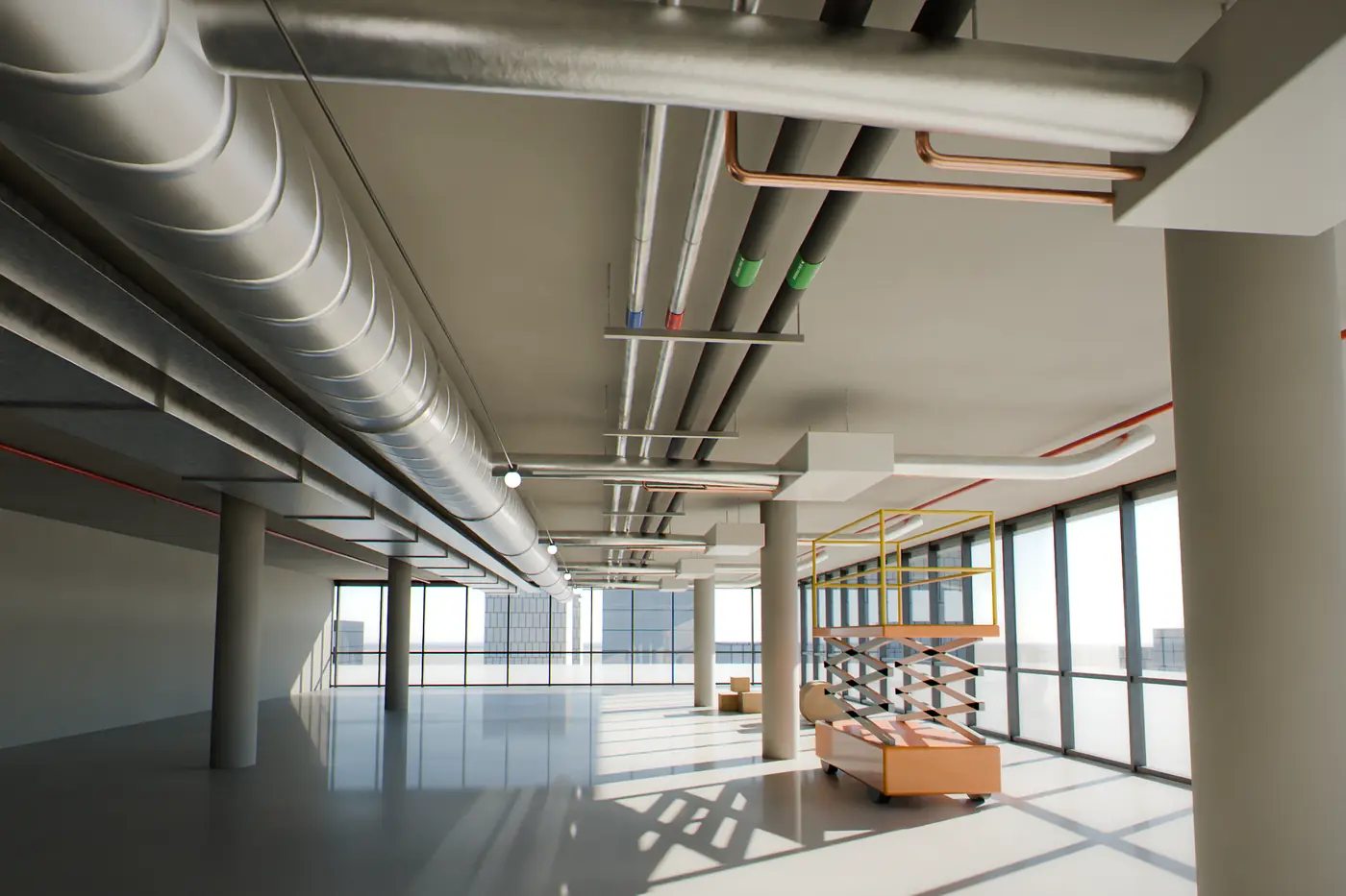 Illustration : plateau de bureaux en travaux, gaine de ventilation et réseaux de chauffage et de climatisation